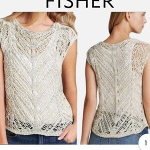 Eileen Fisher $198 Maple Oat Brushstroke Satin Tape Stitch Top Large